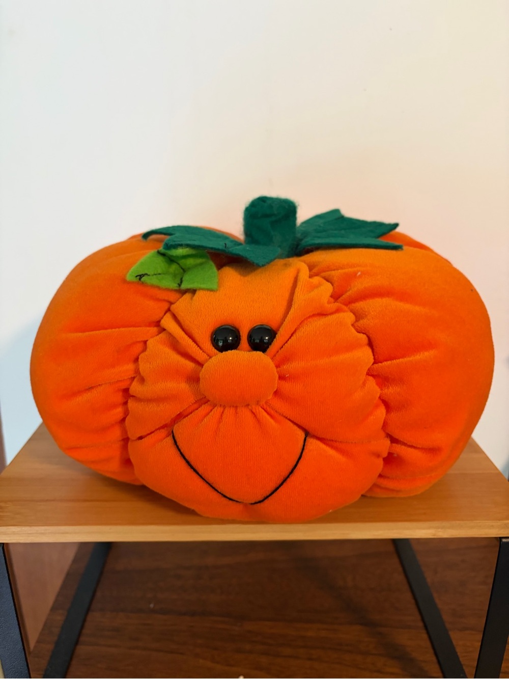 Vintage Halloween Plush Orange Smiling Pumpkin Decor Pillow w Leaf Cottagecore